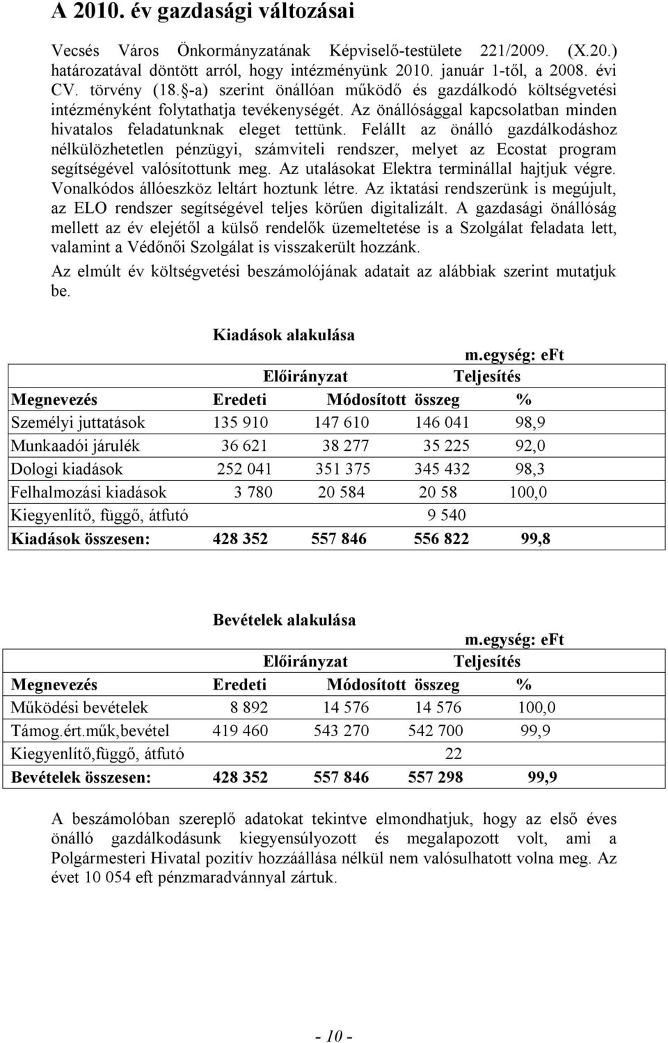 Felállt az önálló gazdálkodáshoz nélkülözhetetlen pénzügyi, számviteli rendszer, melyet az Ecostat program segítségével valósítottunk meg. Az utalásokat Elektra terminállal hajtjuk végre.