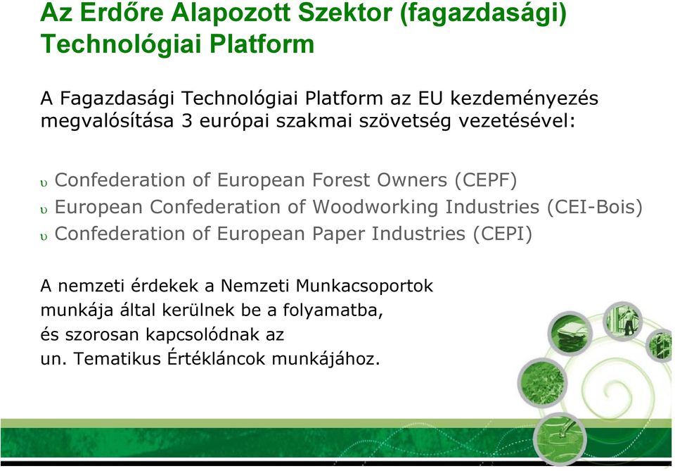 Confederation of Woodworking Industries (CEI-Bois) Confederation of European Paper Industries (CEPI) A nemzeti érdekek