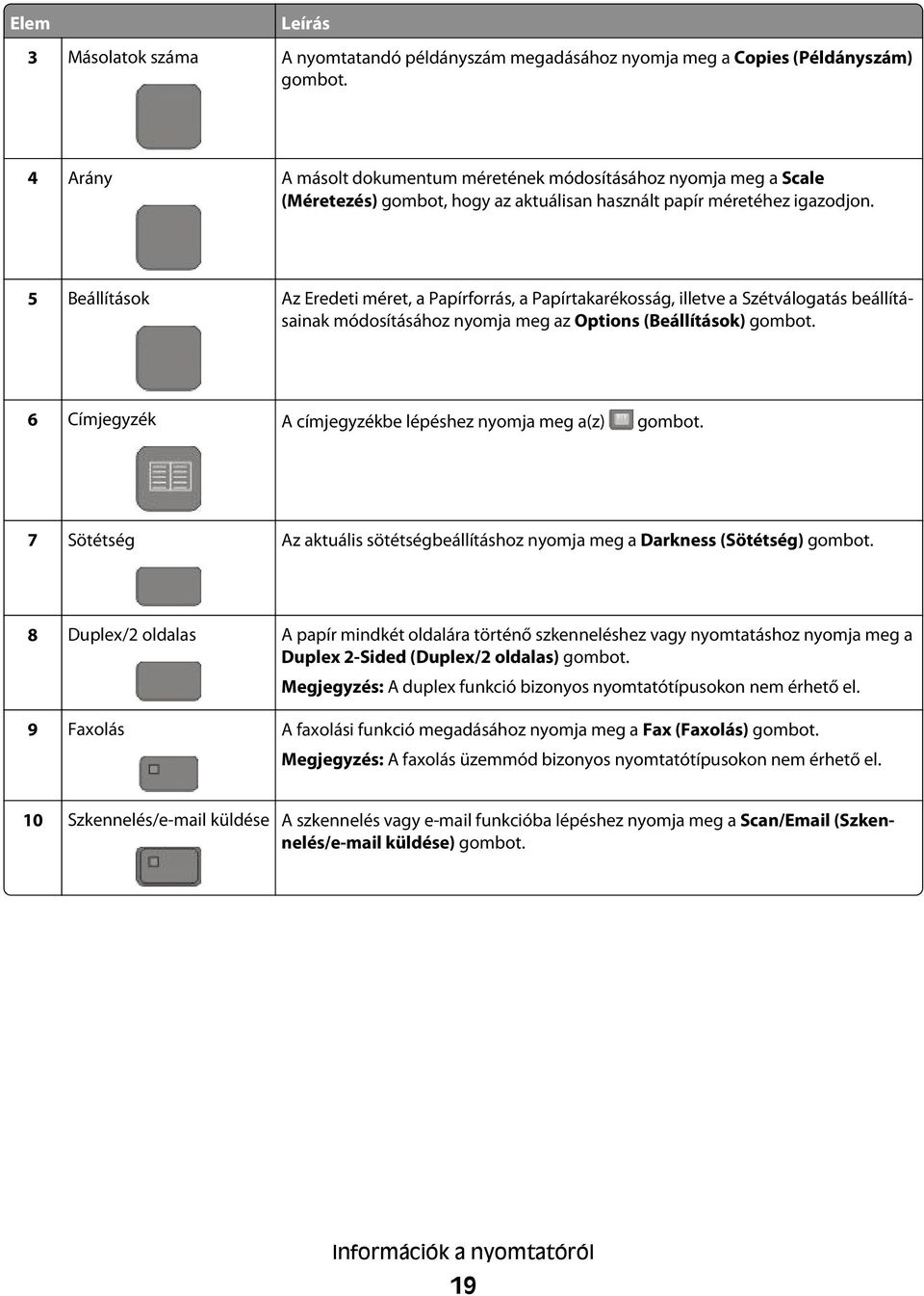 5 Beállítások Az Eredeti méret, a Papírforrás, a Papírtakarékosság, illetve a Szétválogatás beállításainak módosításához nyomja meg az Options (Beállítások) gombot.