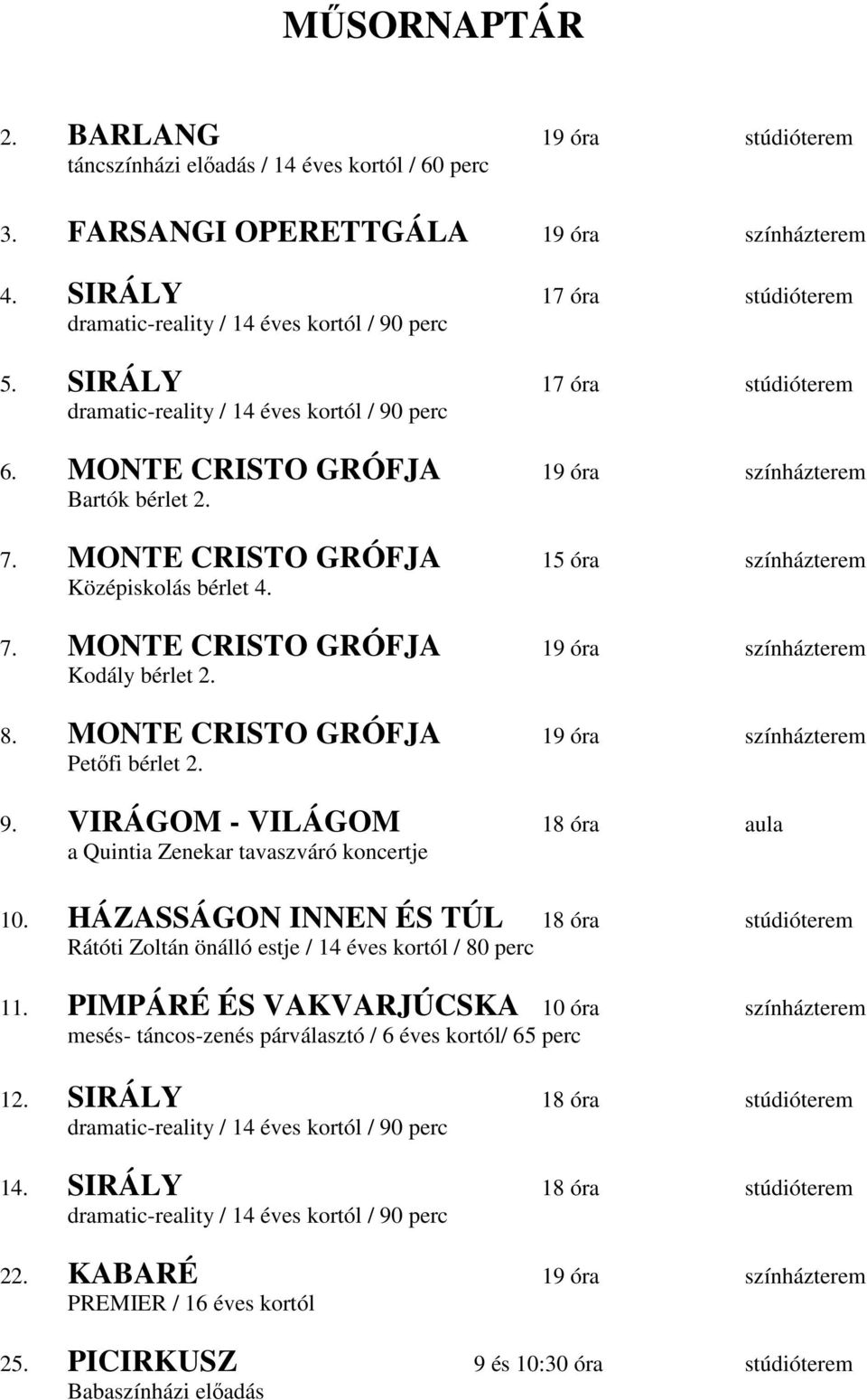 MONTE CRISTO GRÓFJA 19 óra színházterem Bartók bérlet 2. 7. MONTE CRISTO GRÓFJA 15 óra színházterem Középiskolás bérlet 4. 7. MONTE CRISTO GRÓFJA 19 óra színházterem Kodály bérlet 2. 8.