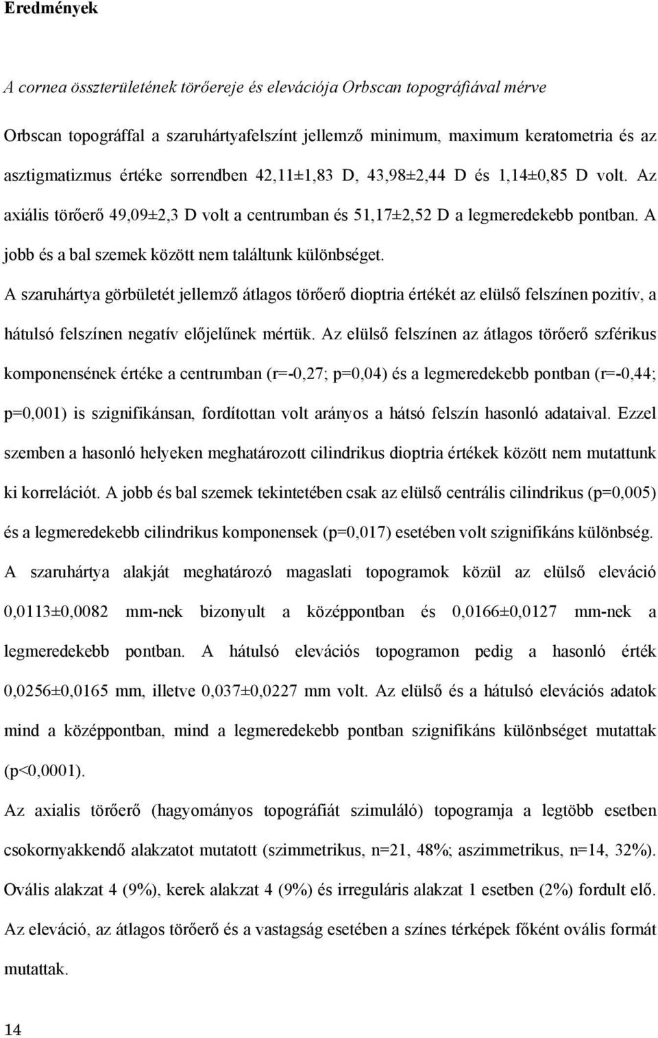 A jobb és a bal szemek között nem találtunk különbséget. A szaruhártya görbületét jellemző átlagos törőerő dioptria értékét az elülső felszínen pozitív, a hátulsó felszínen negatív előjelűnek mértük.