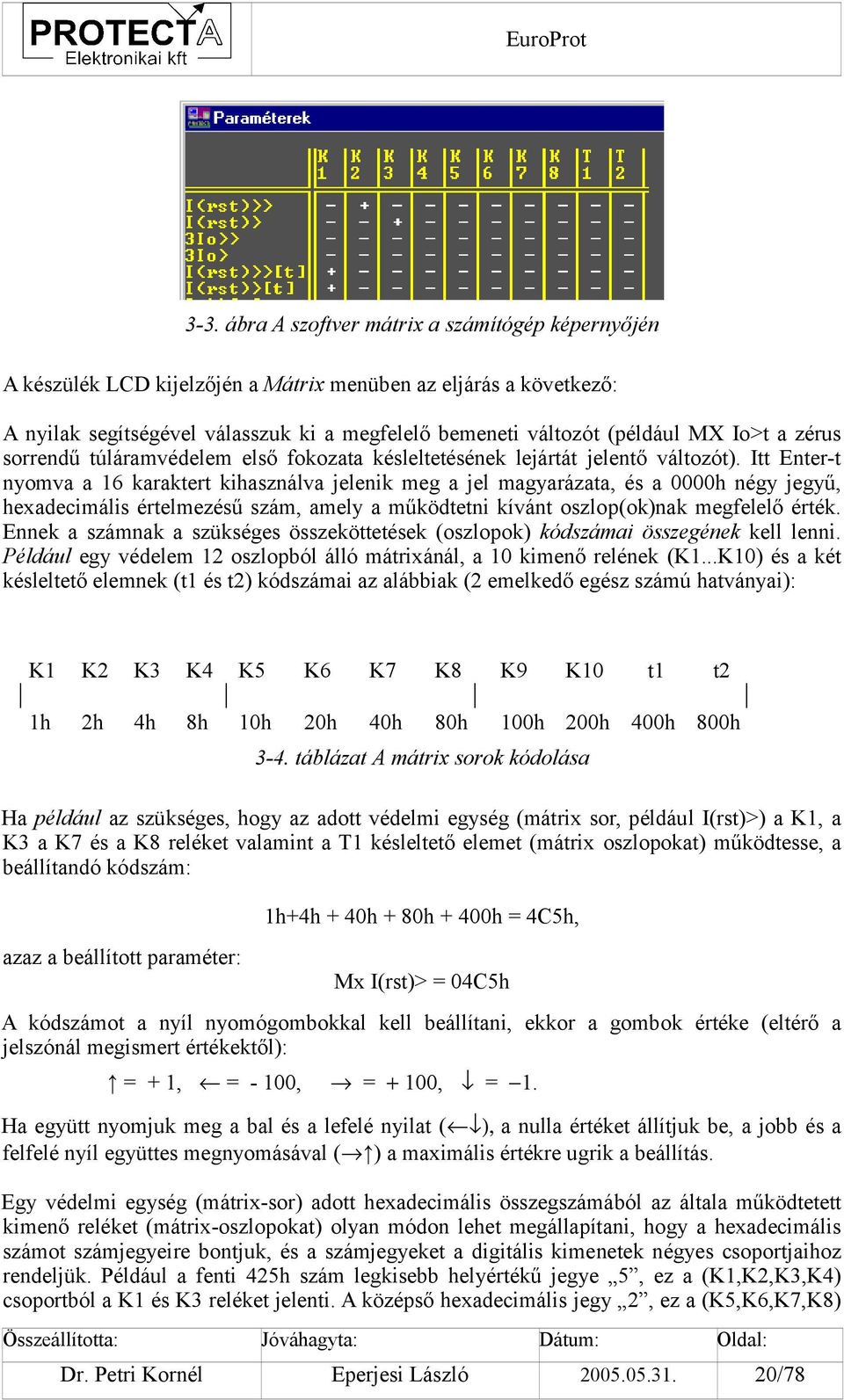 Itt Enter-t nyomva a 16 karaktert kihasználva jelenik meg a jel magyarázata, és a 0000h négy jegyű, hexadecimális értelmezésű szám, amely a működtetni kívánt oszlop(ok)nak megfelelő érték.