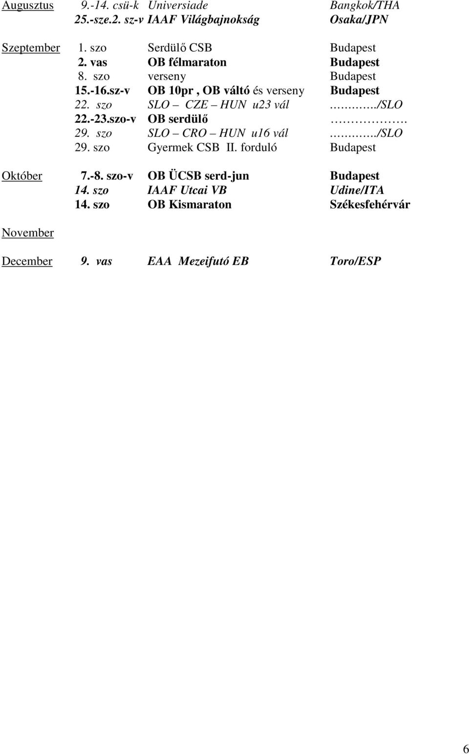 /slo 22.-23.szo-v OB serdülő. 29. szo SLO CRO HUN u16 vál./slo 29. szo Gyermek CSB II. forduló Budapest Október 7.-8.