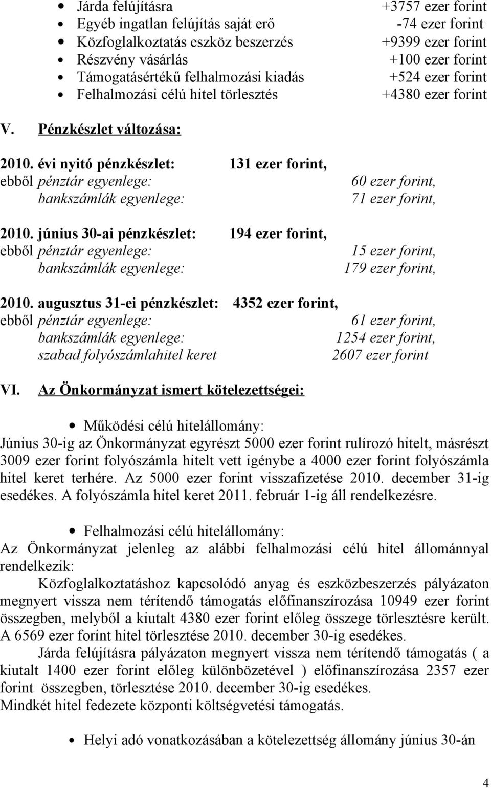 évi nyitó pénzkészlet: 131 ezer forint, ebből pénztár egyenlege: 60 ezer forint, bankszámlák egyenlege: 71 ezer forint, 2010.