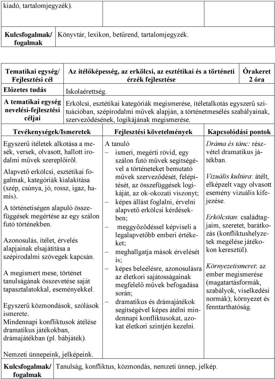 Egyszerű ítéletek alkotása a mesék, versek, olvasott, hallott irodalmi művek szereplőiről. Alapvető erkölcsi, esztétikai, kategóriák kialakítása (szép, csúnya, jó, rossz, igaz, hamis).