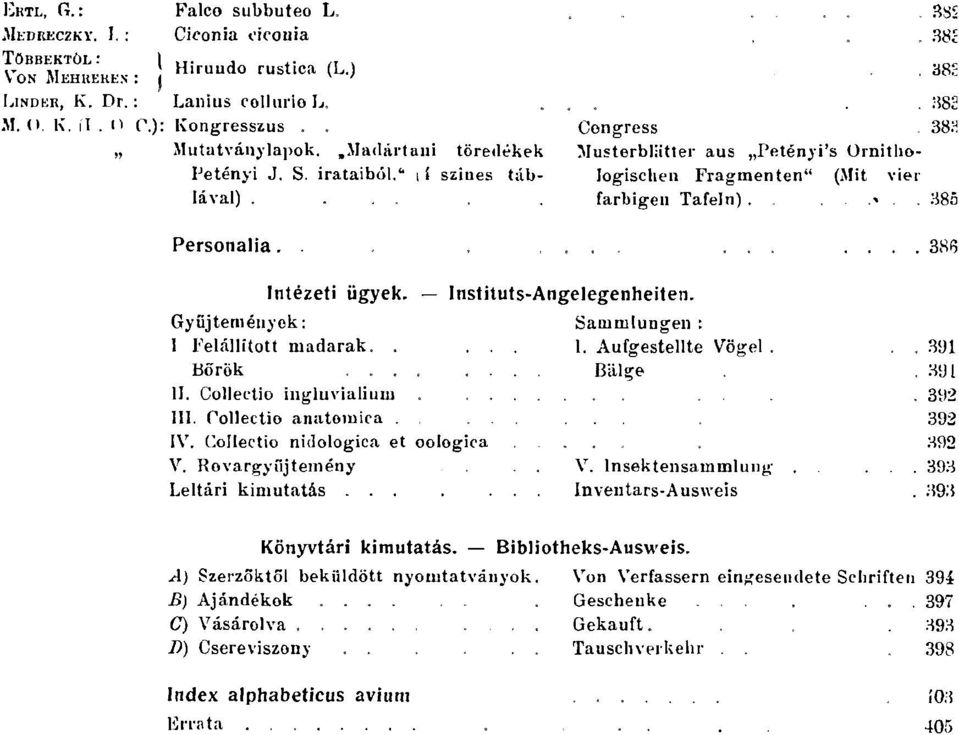 szines táb- logischen Fragmenten" ( vier Iával) farbigen Tafeln)» 385 Personalia 386 Intézeti ügyek Instituts-Angelegenheiten Gy?