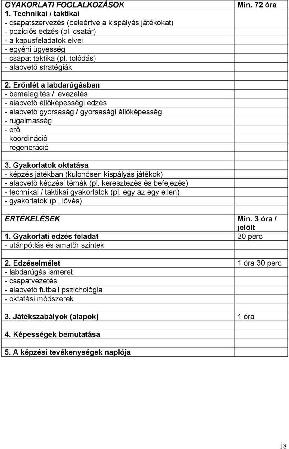 Erőnlét a labdarúgásban - bemelegítés / levezetés - alapvető állóképességi edzés - alapvető gyorsaság / gyorsasági állóképesség - rugalmasság - erő - koordináció - regeneráció 3.