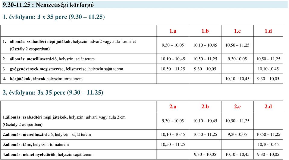 körjátékok, táncok helyszín: tornaterem 10,10 10,45 9,30 10,05 2. évfolyam: 3x 35 perc (9.30 11.25) 2.a 2.b 2.c 2.d 1.állomás: szabadtéri népi játékok, helyszín: udvar1 vagy aula 2.