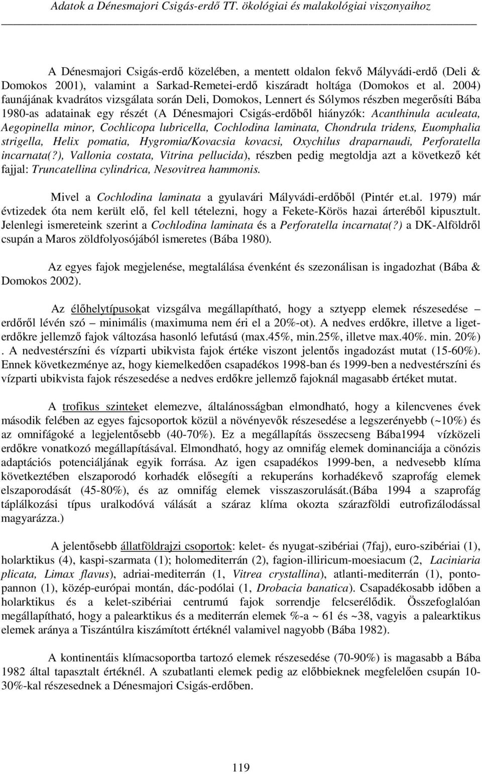 al. 2004) faunájának kvadrátos vizsgálata során Deli, Domokos, Lennert és Sólymos részben megerősíti Bába 1980-as adatainak egy részét (A Dénesmajori Csigás-erdőből hiányzók: Acanthinula aculeata,