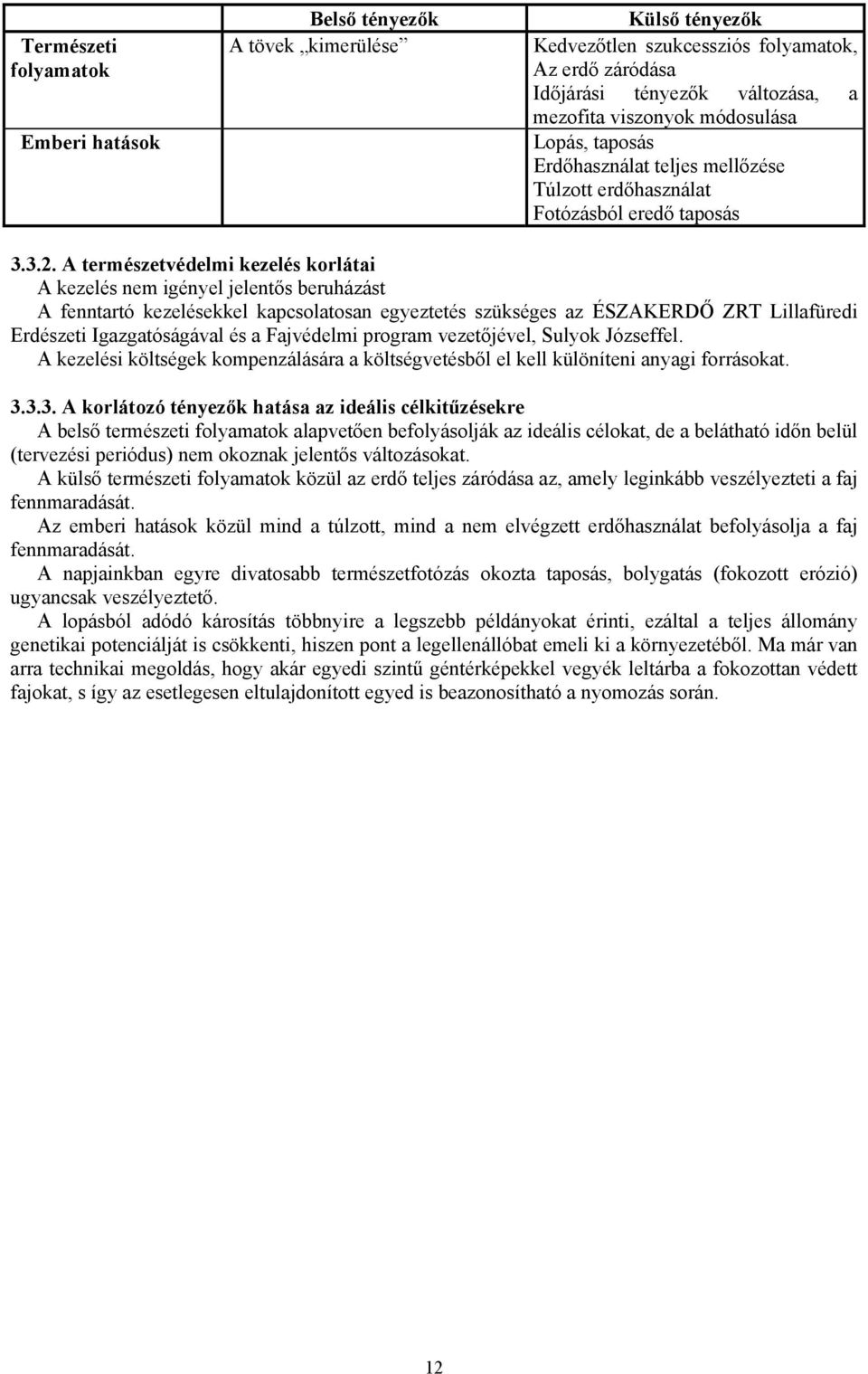 A természetvédelmi kezelés korlátai A kezelés nem igényel jelentős beruházást A fenntartó kezelésekkel kapcsolatosan egyeztetés szükséges az ÉSZAKERDŐ ZRT Lillafüredi Erdészeti Igazgatóságával és a