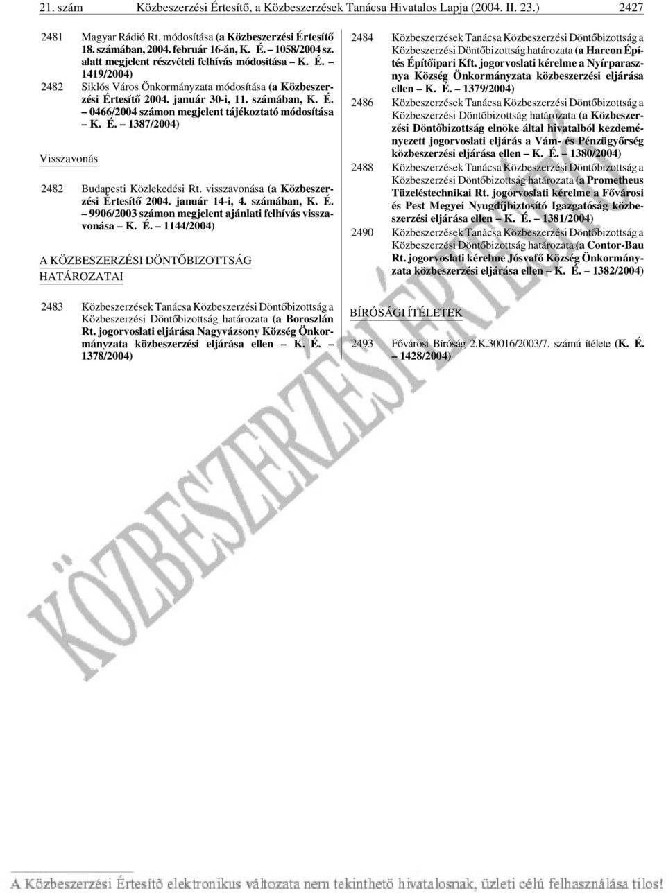 É. 1387/2004) Visszavonás 2482 Budapesti Közlekedési Rt. visszavonása (a Közbeszerzési Ér