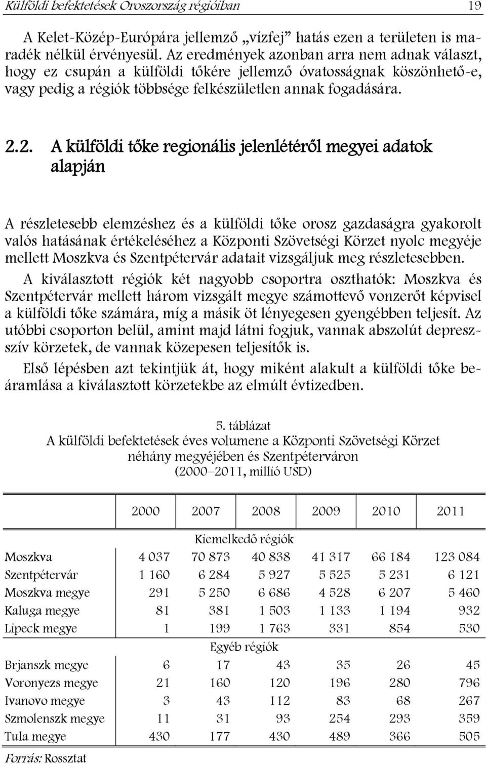 2. A külföldi t ke regionális jelenlétér l megyei adatok alapján A részletesebb elemzéshez és a külföldi t ke orosz gazdaságra gyakorolt valós hatásának értékeléséhez a Központi Szövetségi Körzet