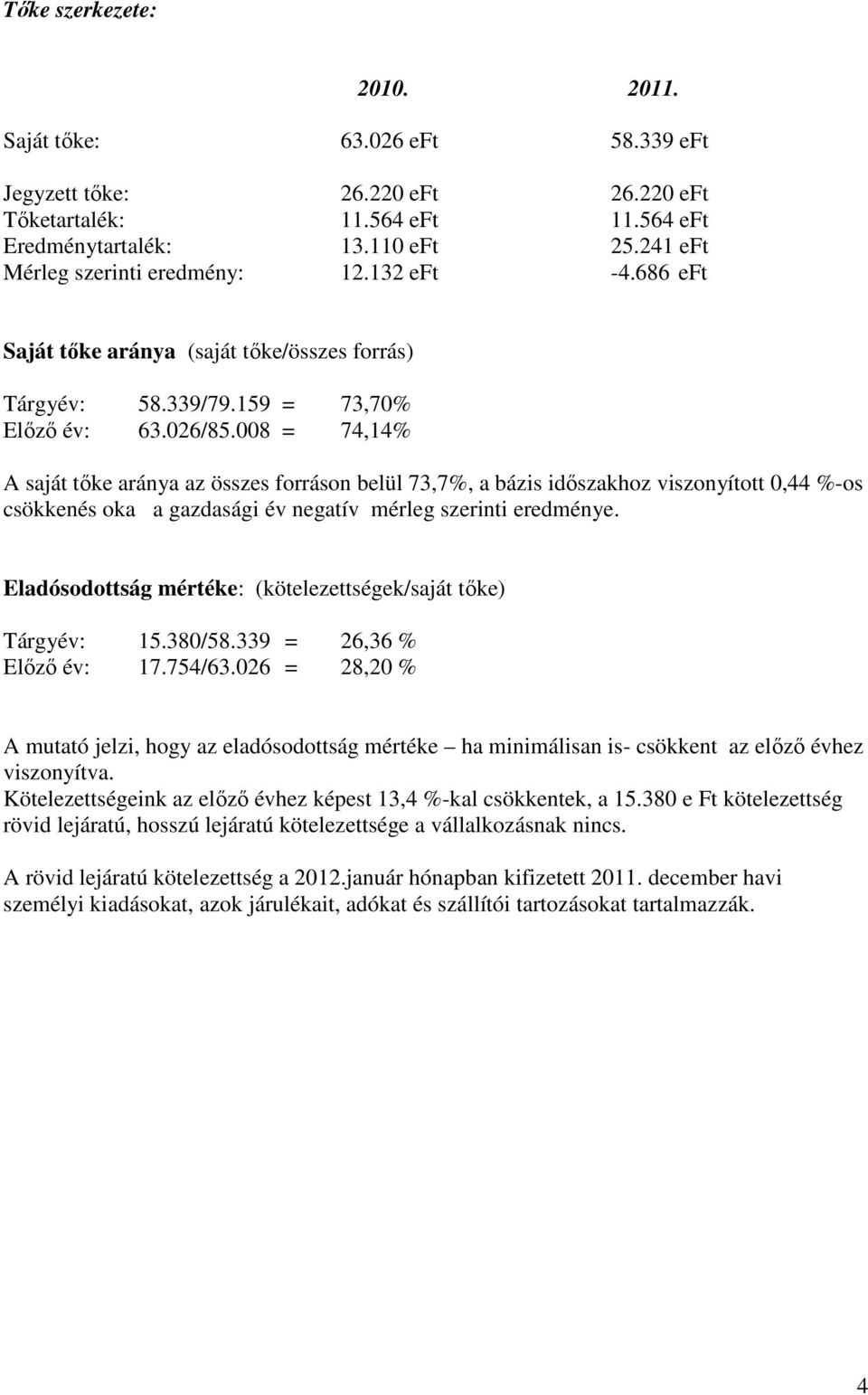 008 = 74,14% A saját tőke aránya az összes forráson belül 73,7%, a bázis időszakhoz viszonyított 0,44 %-os csökkenés oka a gazdasági év negatív mérleg szerinti eredménye.