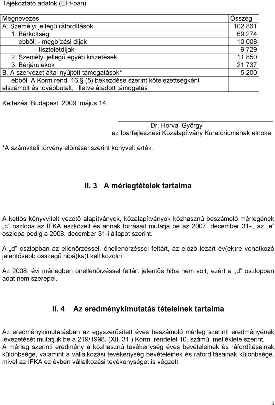 (5) bekezdése szerint kötelezettségként elszámolt és továbbutalt, illetve átadott támogatás Keltezés: Budapest, 2009. május 14. *A számviteli törvény előírásai szerint könyvelt érték. Dr.