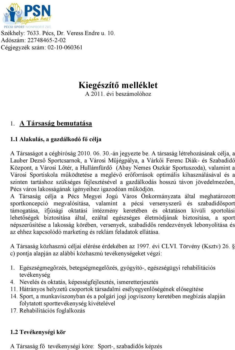 A társaság létrehozásának célja, a Lauber Dezső Sportcsarnok, a Városi Műjégpálya, a Várkői Ferenc Diák- és Szabadidő Központ, a Városi Lőtér, a Hullámfürdő (Abay Nemes Oszkár Sportuszoda), valamint