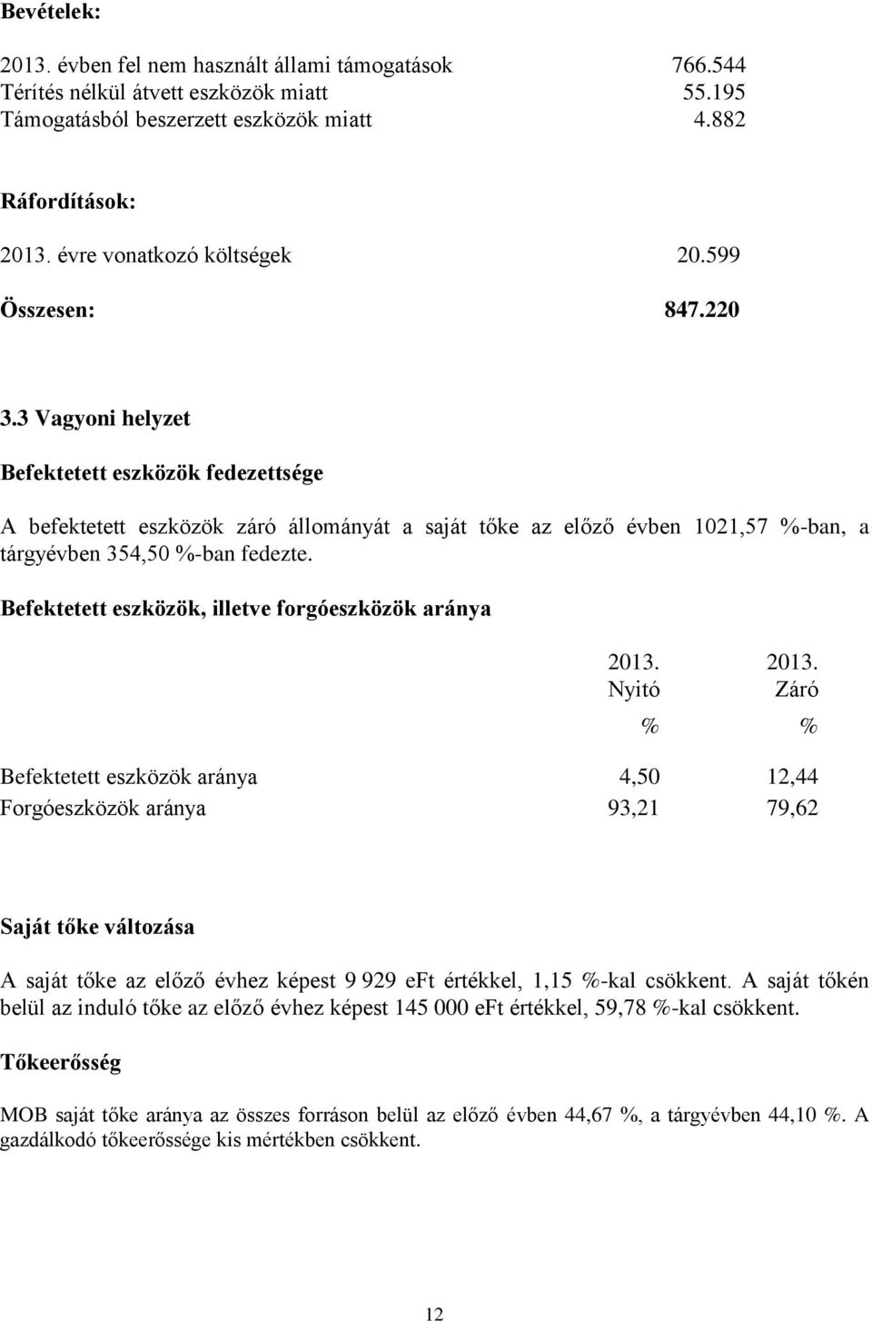 3 Vagyoni helyzet Befektetett eszközök fedezettsége A befektetett eszközök záró állományát a saját tőke az előző évben 1021,57 %-ban, a tárgyévben 354,50 %-ban fedezte.