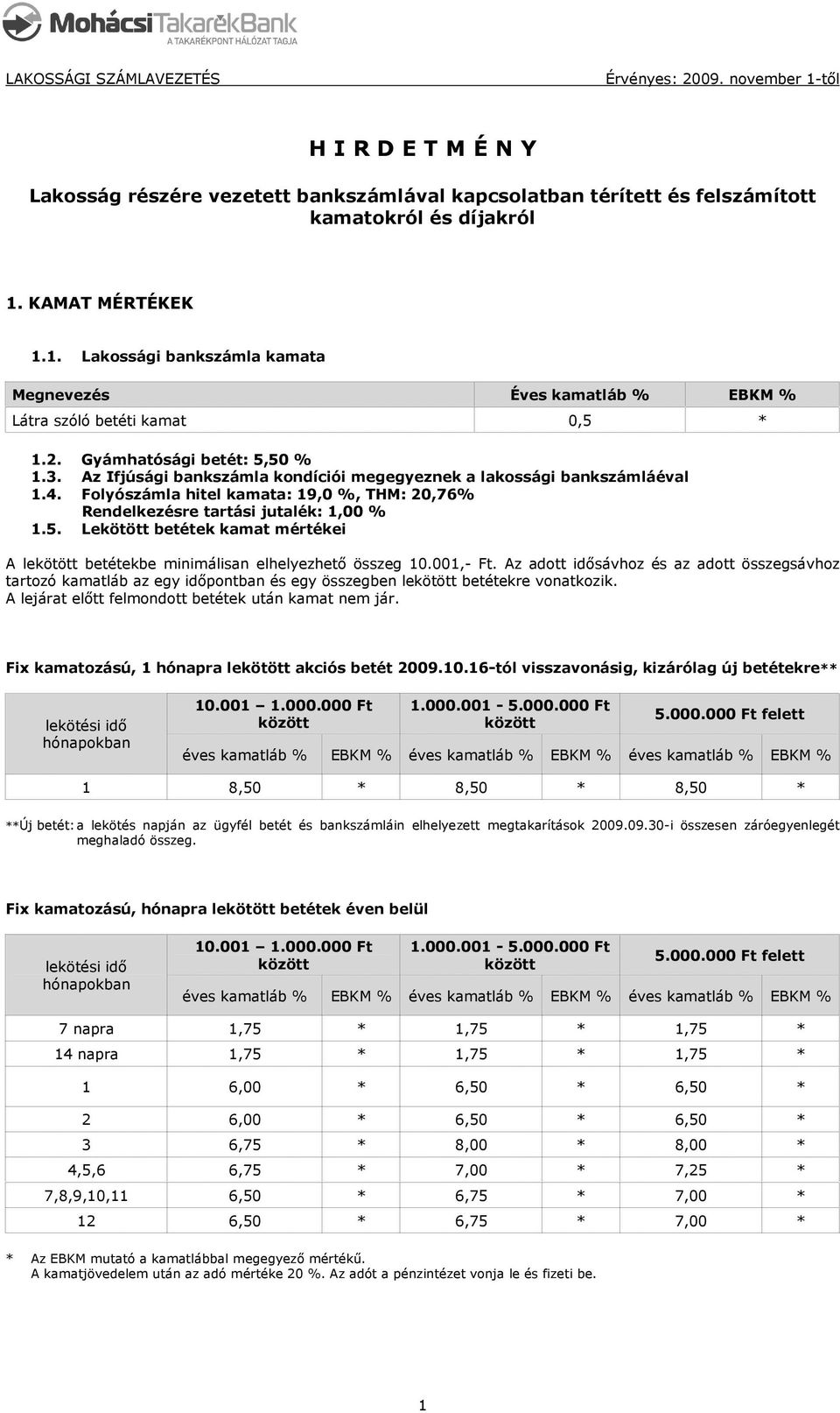 Az Ifjúsági bankszámla kondíciói megegyeznek a lakossági bankszámláéval 1.4. Folyószámla hitel kamata: 19,0 %, THM: 20,76% Rendelkezésre tartási jutalék: 1,00 % 1.5.