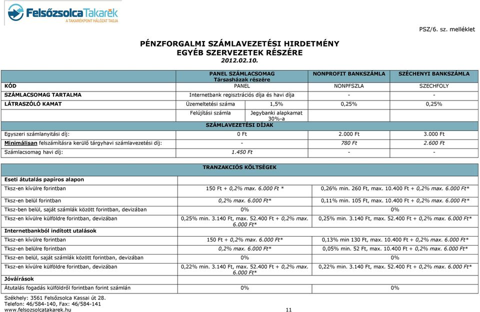 Üzemeltetési száma 1,5% 0,25% 0,25% Felújítási számla Jegybanki alapkamat 30%-a SZÁMLAVEZETÉSI DÍJAK Egyszeri számlanyitási díj: 0 Ft 2.000 Ft 3.