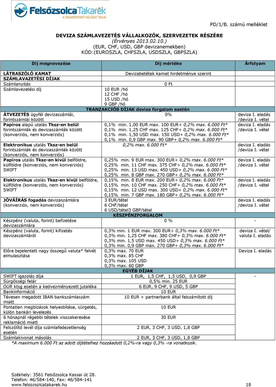 számú melléklet Díj megnevezése Díj mértéke Árfolyam ÁTVEZETÉS ügyfél devizaszámlái, forintszámlái között Papíros alapú utalás Tksz-en belül forintszámlák és devizaszámlák között (konverziós, nem