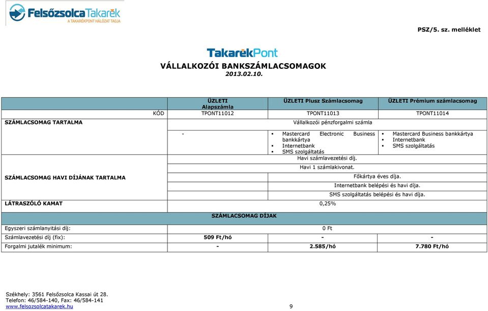 DÍJÁNAK TARTALMA - Mastercard Electronic Business bankkártya Internetbank SMS szolgáltatás Havi számlavezetési díj. Havi 1 számlakivonat.