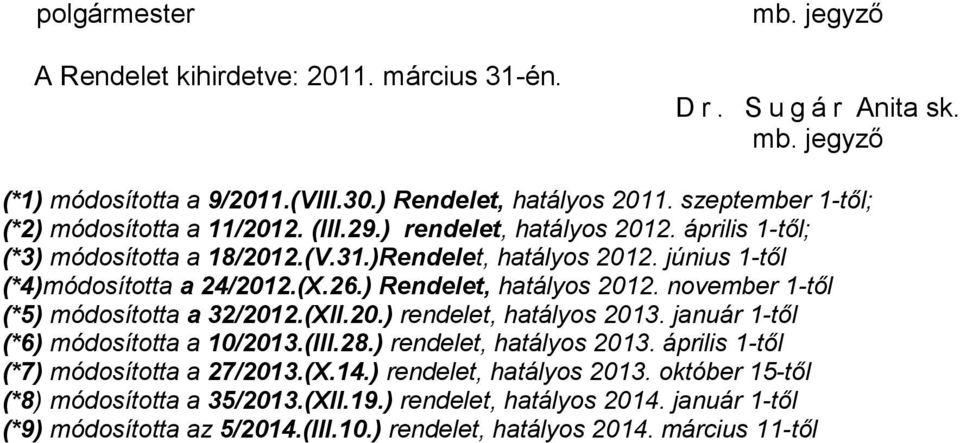 (X.26.) Rendelet, hatályos 2012. november 1-től (*5) módosította a 32/2012.(XII.20.) rendelet, hatályos 2013. január 1-től (*6) módosította a 10/2013.(III.28.) rendelet, hatályos 2013. április 1-től (*7) módosította a 27/2013.