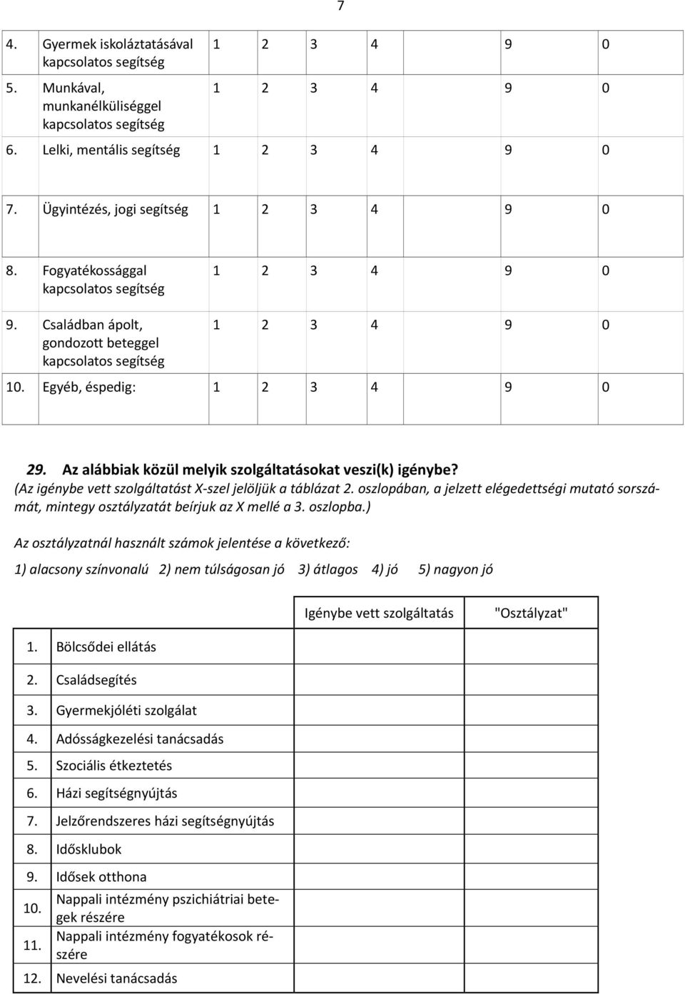 (Az igénybe vett szolgáltatást X szel jelöljük a táblázat 2. oszlopában, a jelzett elégedettségi mutató sorszámát, mintegy osztályzatát beírjuk az X mellé a 3. oszlopba.