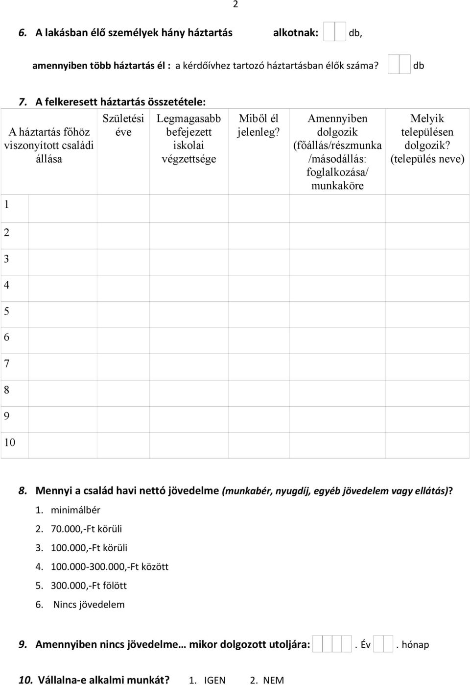 Amennyiben dolgozik (főállás/részmunka /másodállás: foglalkozása/ munkaköre Melyik településen dolgozik? (település neve) 1 2 3 4 5 6 7 8 9 10 8.