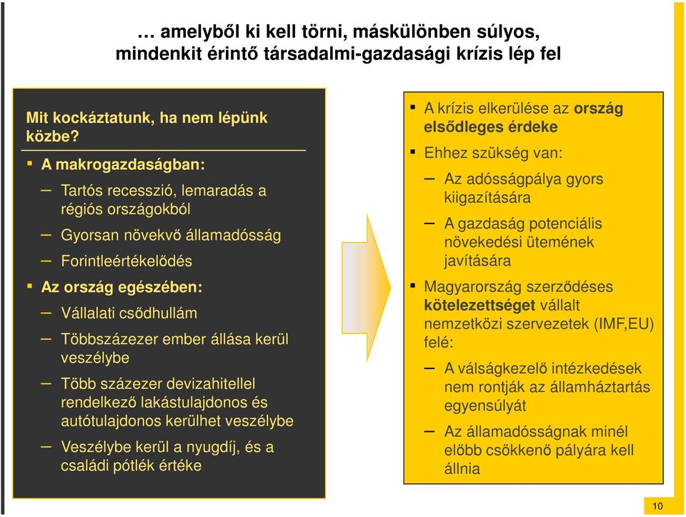 veszélybe Több százezer devizahitellel rendelkezı lakástulajdonos és autótulajdonos kerülhet veszélybe Veszélybe kerül a nyugdíj, és a családi pótlék értéke A krízis elkerülése az ország elsıdleges