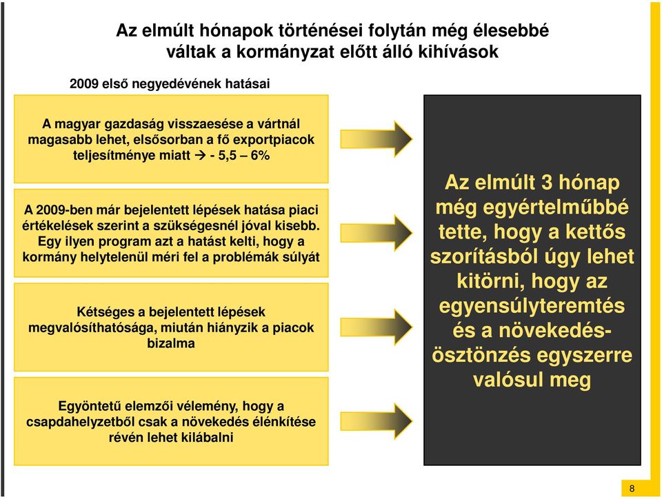 Egy ilyen program azt a hatást kelti, hogy a kormány helytelenül méri fel a problémák súlyát Kétséges a bejelentett lépések megvalósíthatósága, miután hiányzik a piacok bizalma Egyöntető