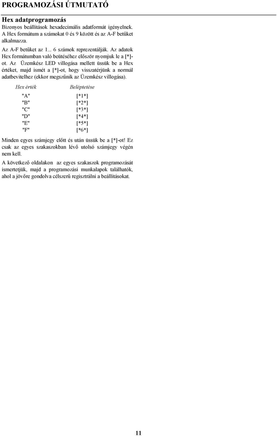 Az Üzemkész LED villogása mellett üssük be a Hex értéket, majd ismét a [*]-ot, hogy visszatérjünk a normál adatbevitelhez (ekkor megszűnik az Üzemkész villogása).