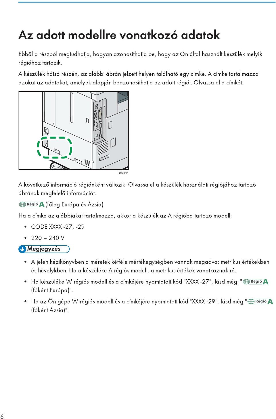 DAT014 A következő információ régiónként változik. Olvassa el a készülék használati régiójához tartozó ábrának megfelelő információt.