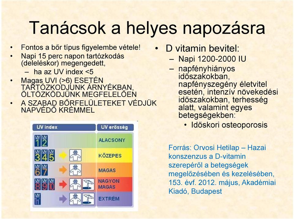 SZABAD BŐRFELÜLETEKET VÉDJÜK NAPVÉDŐ KRÉMMEL D vitamin bevitel: Napi 1200-2000 IU napfényhiányos időszakokban, napfényszegény é életvitel l esetén,