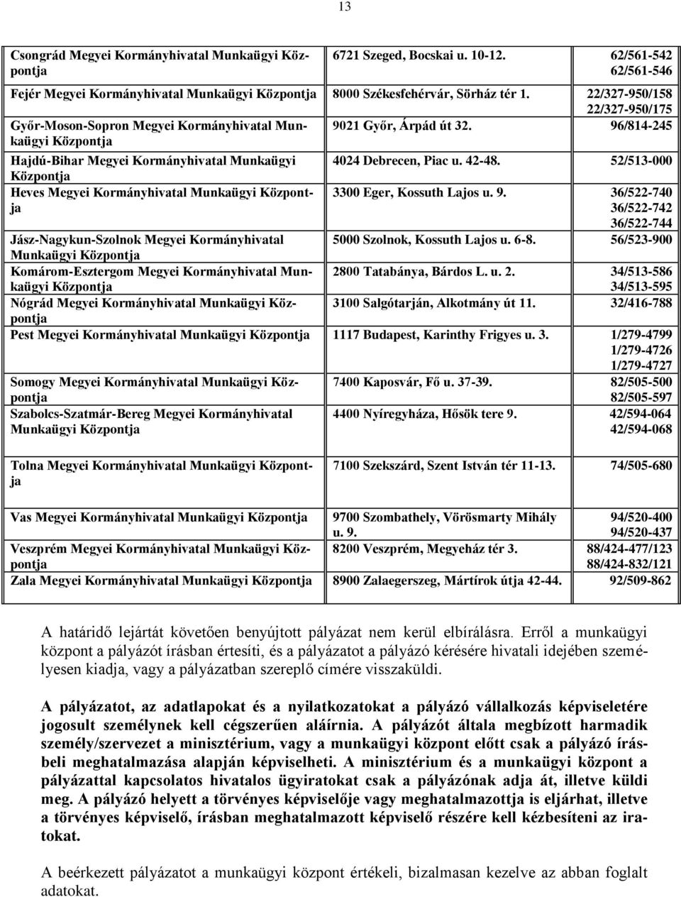 96/814-245 Hajdú-Bihar Megyei Kormányhivatal Munkaügyi Központja Heves Megyei Kormányhivatal Munkaügyi Központja 4024 Debrecen, Piac u. 42-48. 52/513-000 3300 Eger, Kossuth Lajos u. 9.