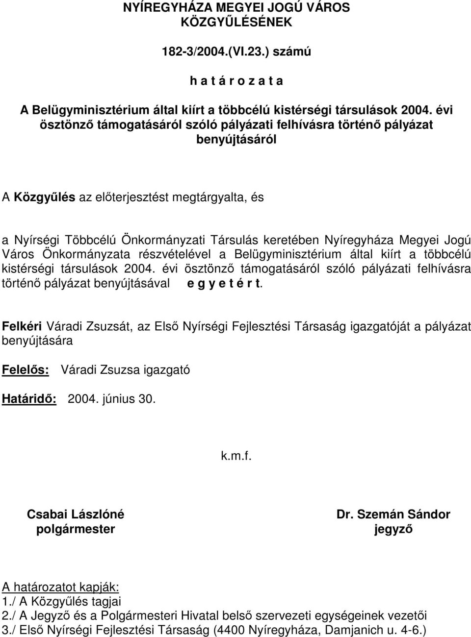 Megyei Jogú Város Önkormányzata részvételével a Belügyminisztérium által kiírt a többcélú kistérségi társulások 2004.