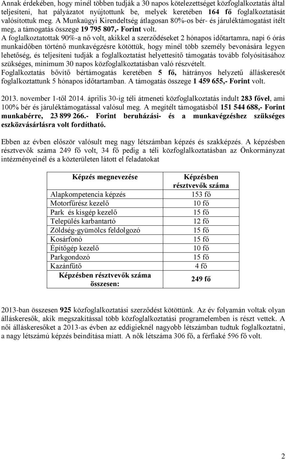 A foglalkoztatottak 90%-a nő volt, akikkel a szerződéseket 2 hónapos időtartamra, napi 6 órás munkaidőben történő munkavégzésre kötöttük, hogy minél több személy bevonására legyen lehetőség, és