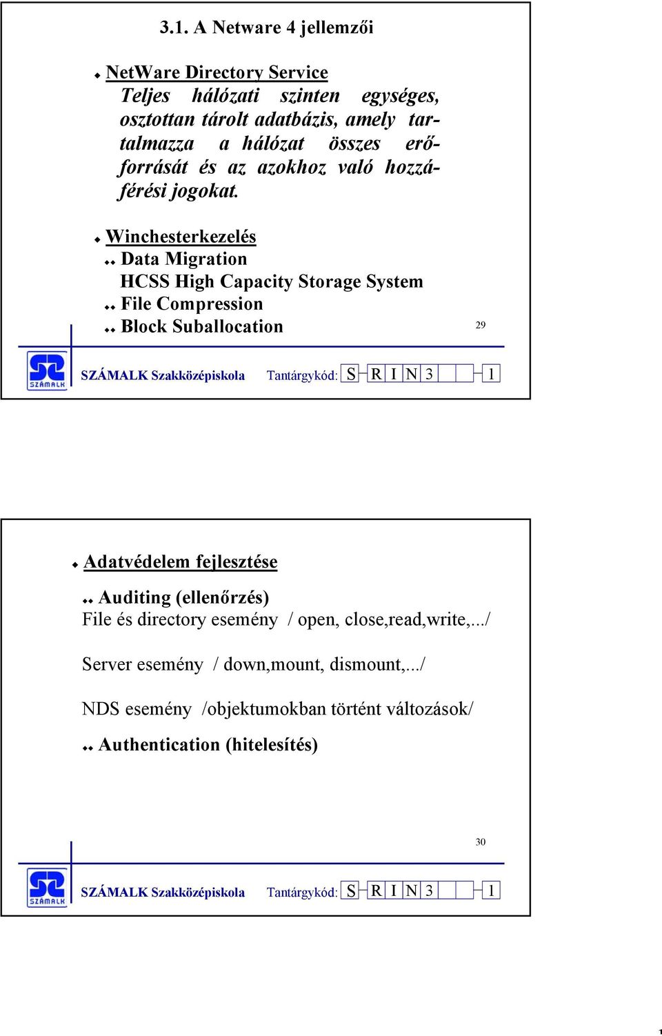Winchesterkezelés Data Migration HCSS High Capacity Storage System File Compression Block Suballocation 29 Adatvédelem fejlesztése