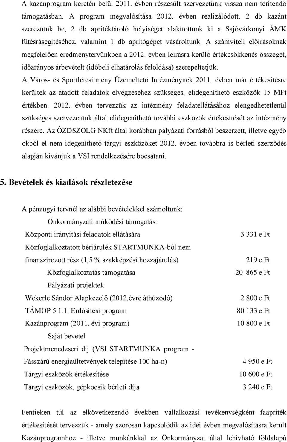 A számviteli előírásoknak megfelelően eredménytervünkben a 2012. évben leírásra kerülő értékcsökkenés összegét, időarányos árbevételt (időbeli elhatárolás feloldása) szerepeltetjük.