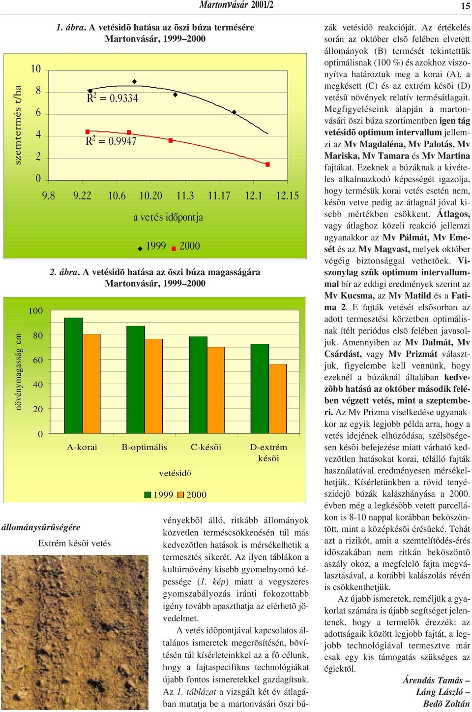 A vetésidõ hatása az õszi búza magasságára Martonvásár, 1999 2000 A-korai B-optimális C-késõi D-extrém késõi vetésidõ 1999 2000 vényekbõl álló, ritkább állományok közvetlen terméscsökkenésén túl más