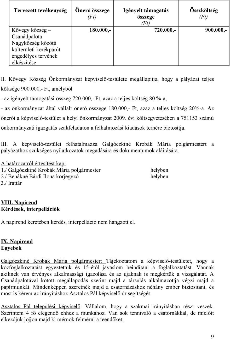 000,- Ft, azaz a teljes költség 80 %-a, - az önkormányzat által vállalt önerő összege 180.000,- Ft, azaz a teljes költség 20%-a. Az önerőt a képviselő-testület a helyi önkormányzat 2009.