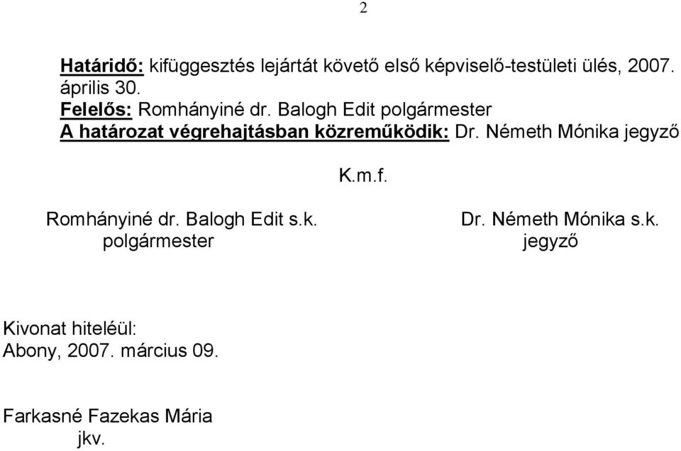 Balogh Edit polgármester A határozat végrehajtásban közreműködik: Dr.