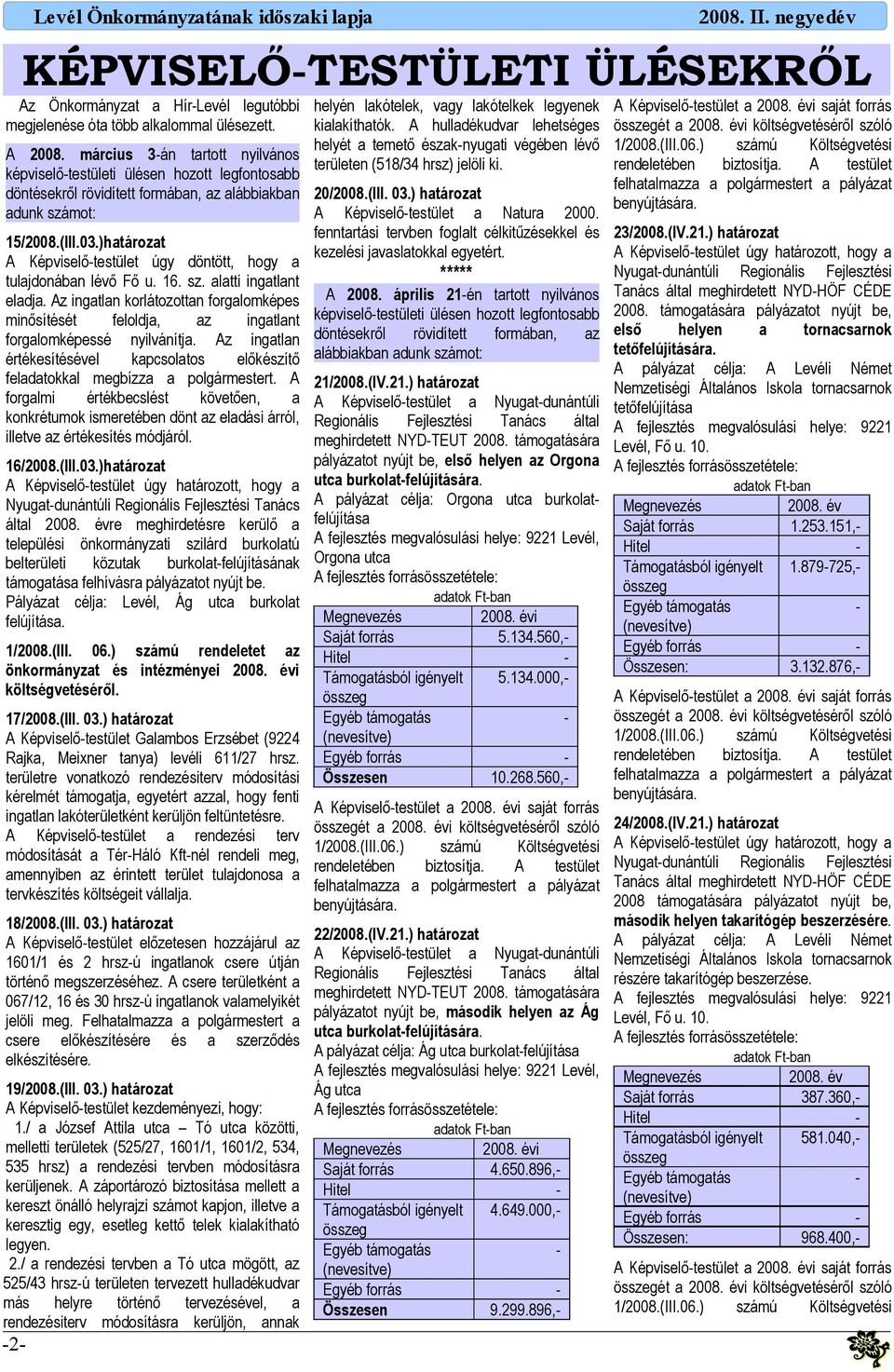 képviselő-testületi ülésen hozott legfontosbb döntésekről rövidített formábn, lábbikbn 20/2008.(III. 03.) htározt dunk számot: Ntur 2000. fenntrtási tervben fogllt célkitűzésekkel és 15/2008.(III.03.)htározt kezelési jvsltokkl egyetért.