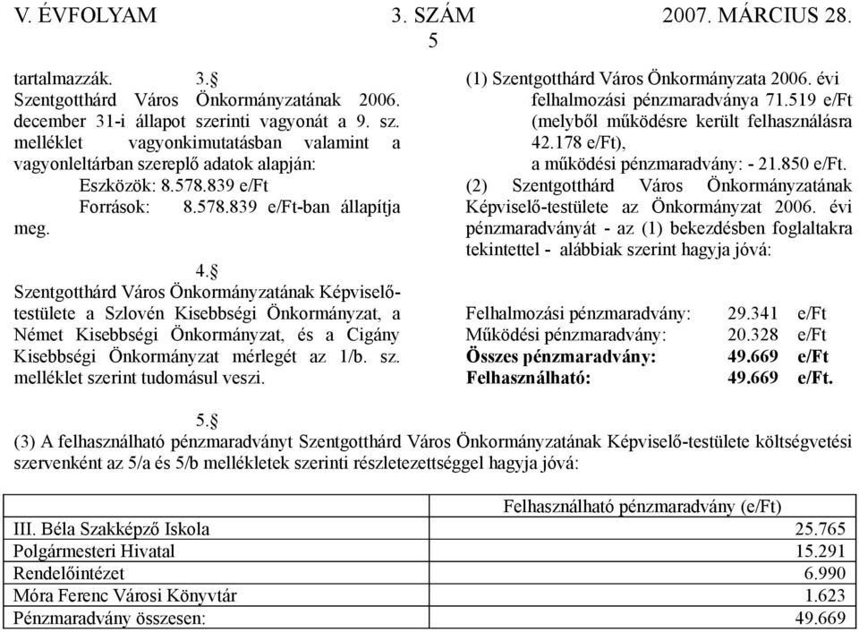 sz. melléklet szerint tudomásul veszi. 2007. MÁRCIUS 28. (1) Önkormányzt 2006. évi felhlmozási pénzmrdvány 71.519 e/ft (melyből működésre került felhsználásr 42.178 e/ft), működési pénzmrdvány: - 21.