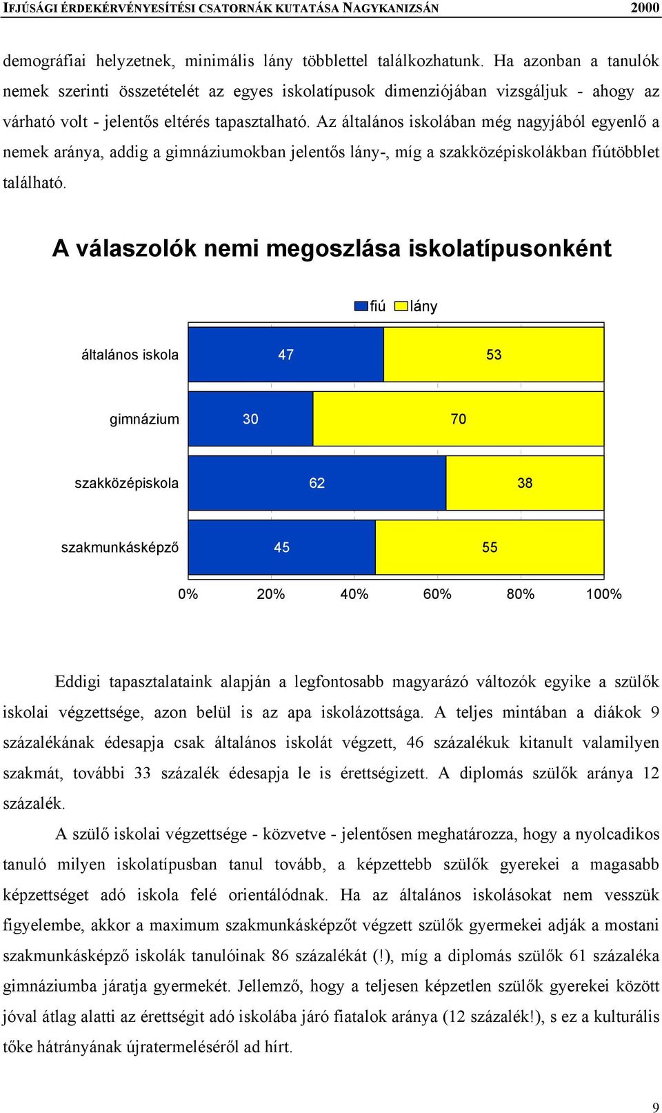 Az általános iskolában még nagyjából egyenlő a nemek aránya, addig a gimnáziumokban jelentős lány-, míg a szakközépiskolákban fiútöbblet található.