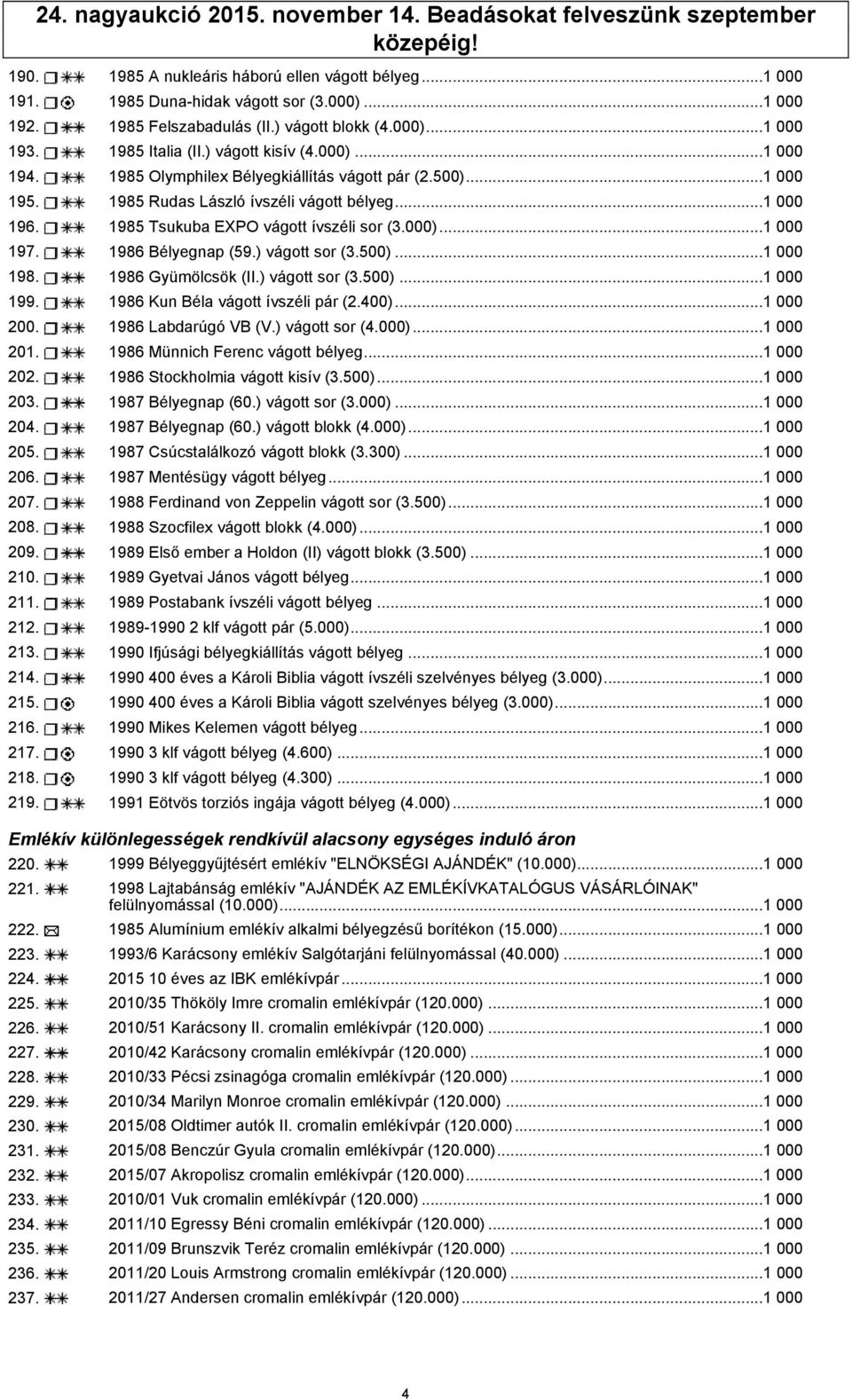 1985 Rudas László ívszéli vágott bélyeg...1 000 196. 1985 Tsukuba EXPO vágott ívszéli sor (3.000)...1 000 197. 1986 Bélyegnap (59.) vágott sor (3.500)...1 000 198. 1986 Gyümölcsök (II.) vágott sor (3.500)...1 000 199.