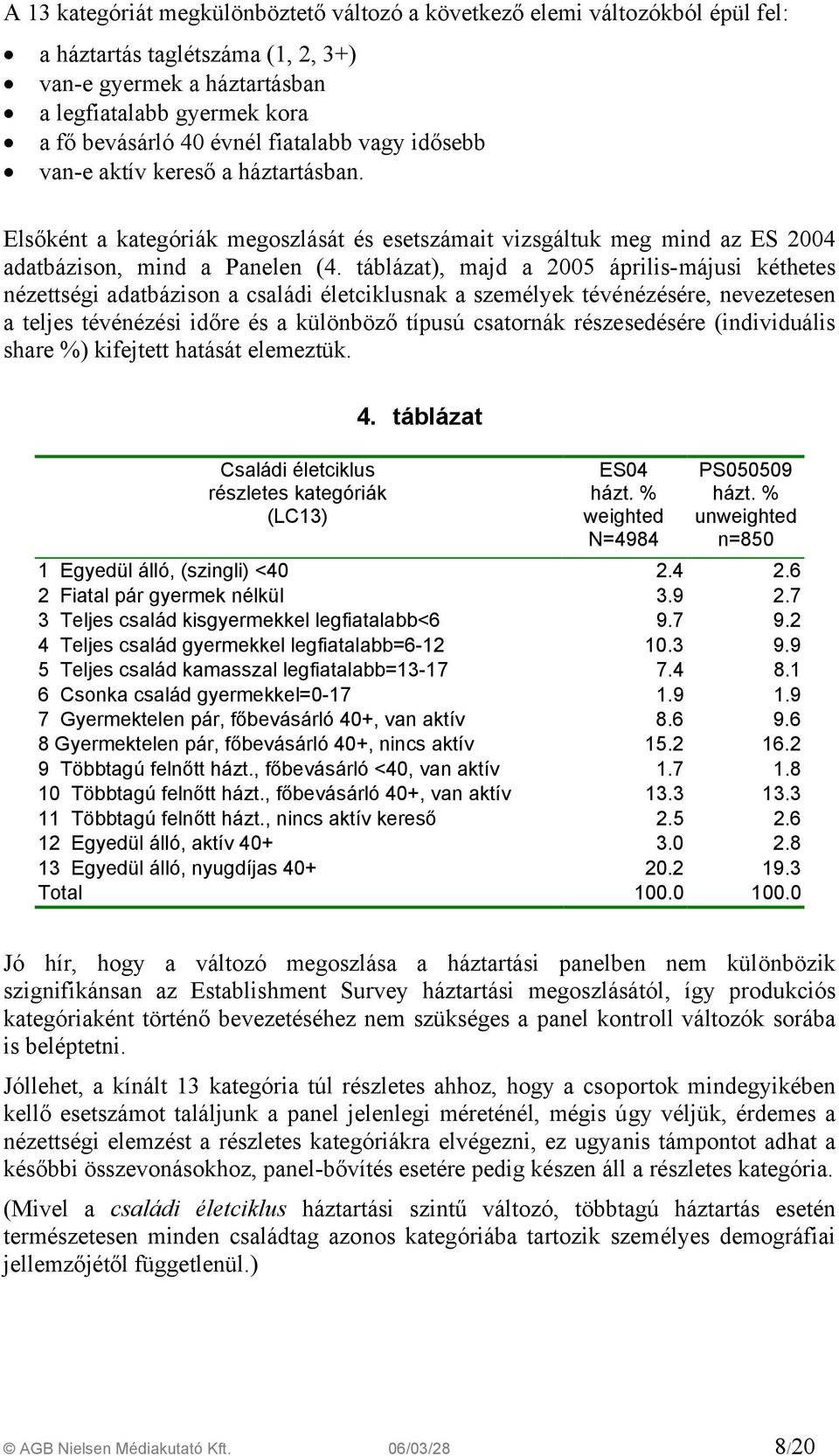 táblázat), majd a 2005 április-májusi kéthetes nézettségi adatbázison a családi életciklusnak a személyek tévénézésére, nevezetesen a teljes tévénézési időre és a különböző típusú csatornák