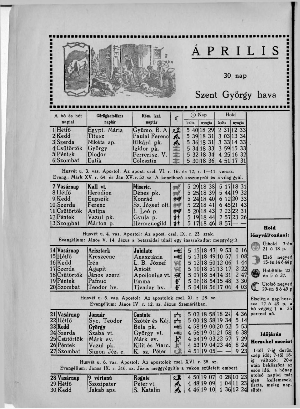 Apostol Az apóst. csel. VI. r 16. és 12, r. 1 11 verssz. Evang.: Márk XV r. 69. és Ján. XV. r. 52. sz A kenethozó asszonyról és a világ gyűl. 7 Vasárnap Kall vt. Míseric.