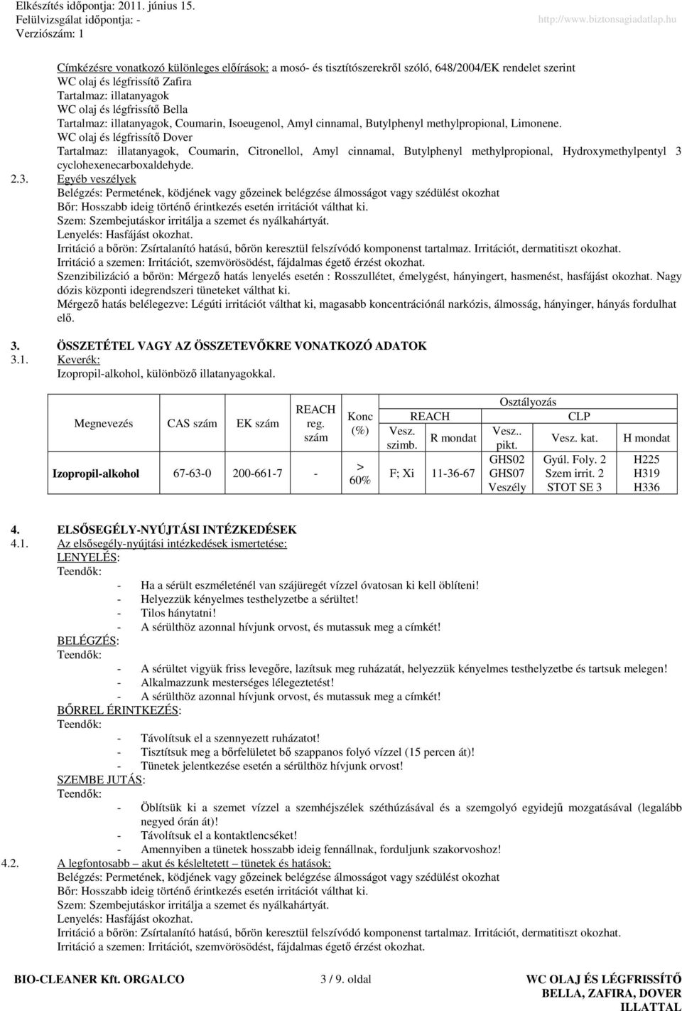 WC olaj és légfrissítı Dover Tartalmaz: illatanyagok, Coumarin, Citronellol, Amyl cinnamal, Butylphenyl methylpropional, Hydroxymethylpentyl 3 