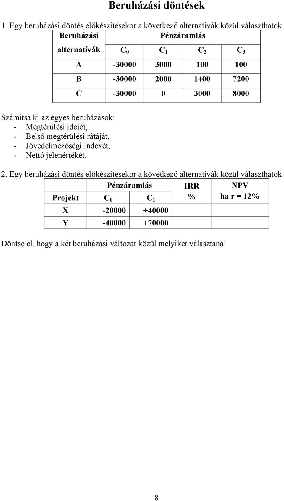 100 100 B -30000 2000 1400 7200 C -30000 0 3000 8000 Számítsa ki az egyes beruházások: - Megtérülési idejét, - Belső megtérülési rátáját, -