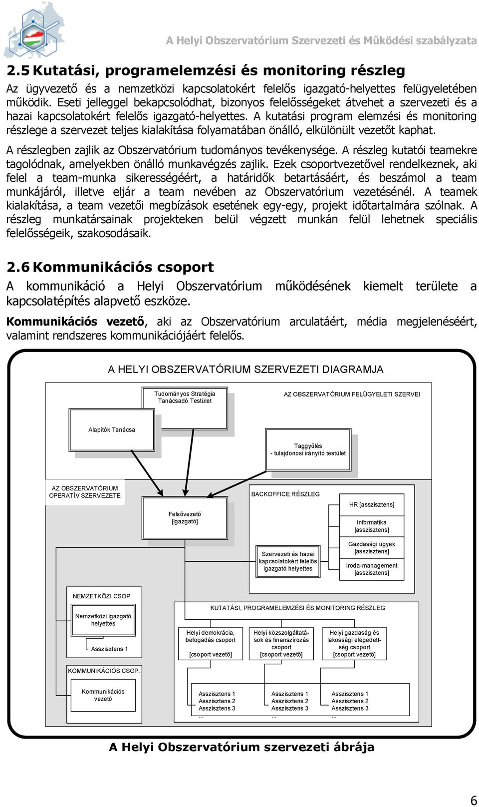 A kutatási program elemzési és monitoring részlege a szervezet teljes kialakítása folyamatában önálló, elkülönült vezetőt kaphat. A részlegben zajlik az Obszervatórium tudományos tevékenysége.