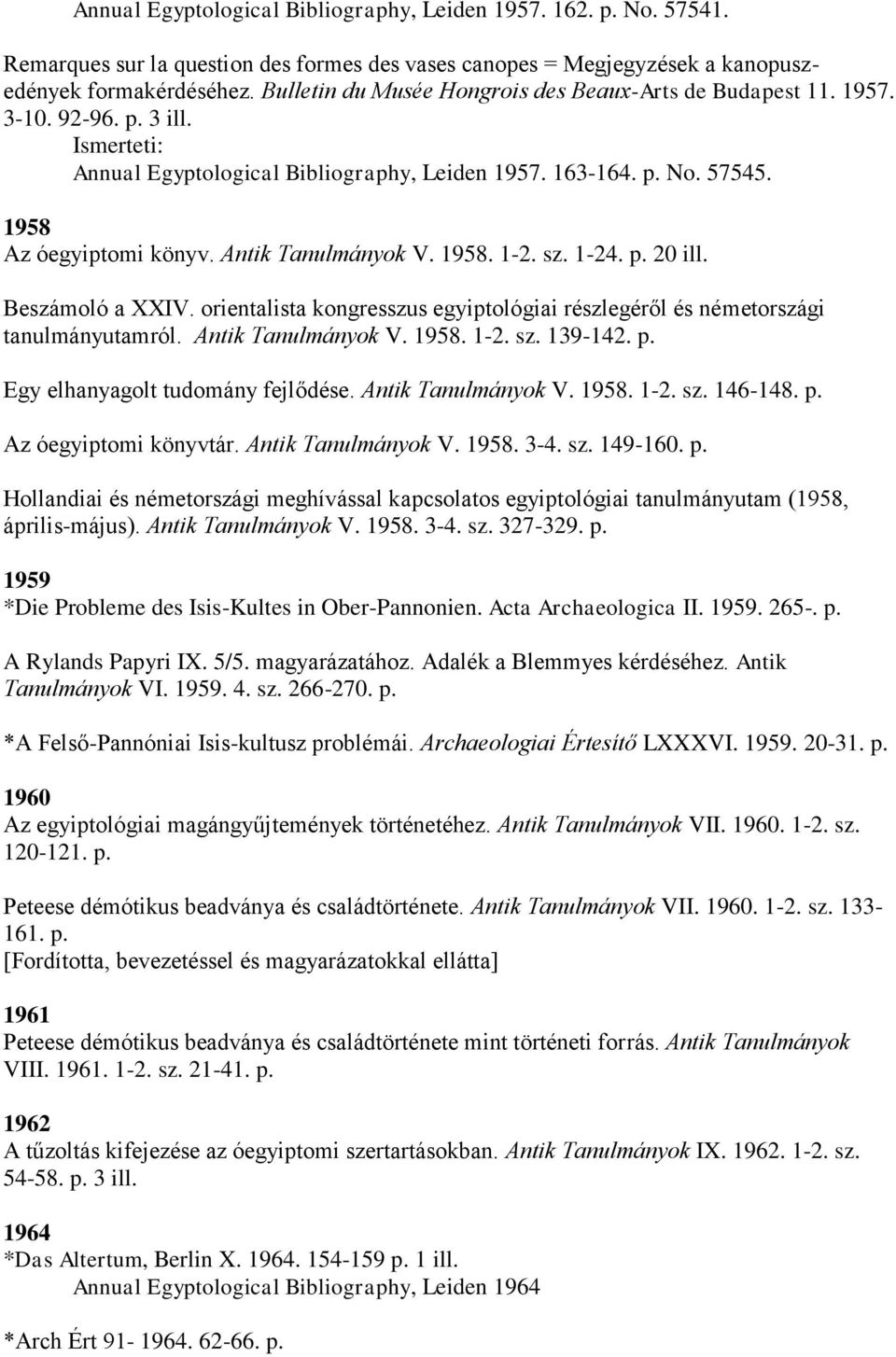 Antik Tanulmányok V. 1958. 1-2. sz. 1-24. p. 20 ill. Beszámoló a XXIV. orientalista kongresszus egyiptológiai részlegéről és németországi tanulmányutamról. Antik Tanulmányok V. 1958. 1-2. sz. 139-142.